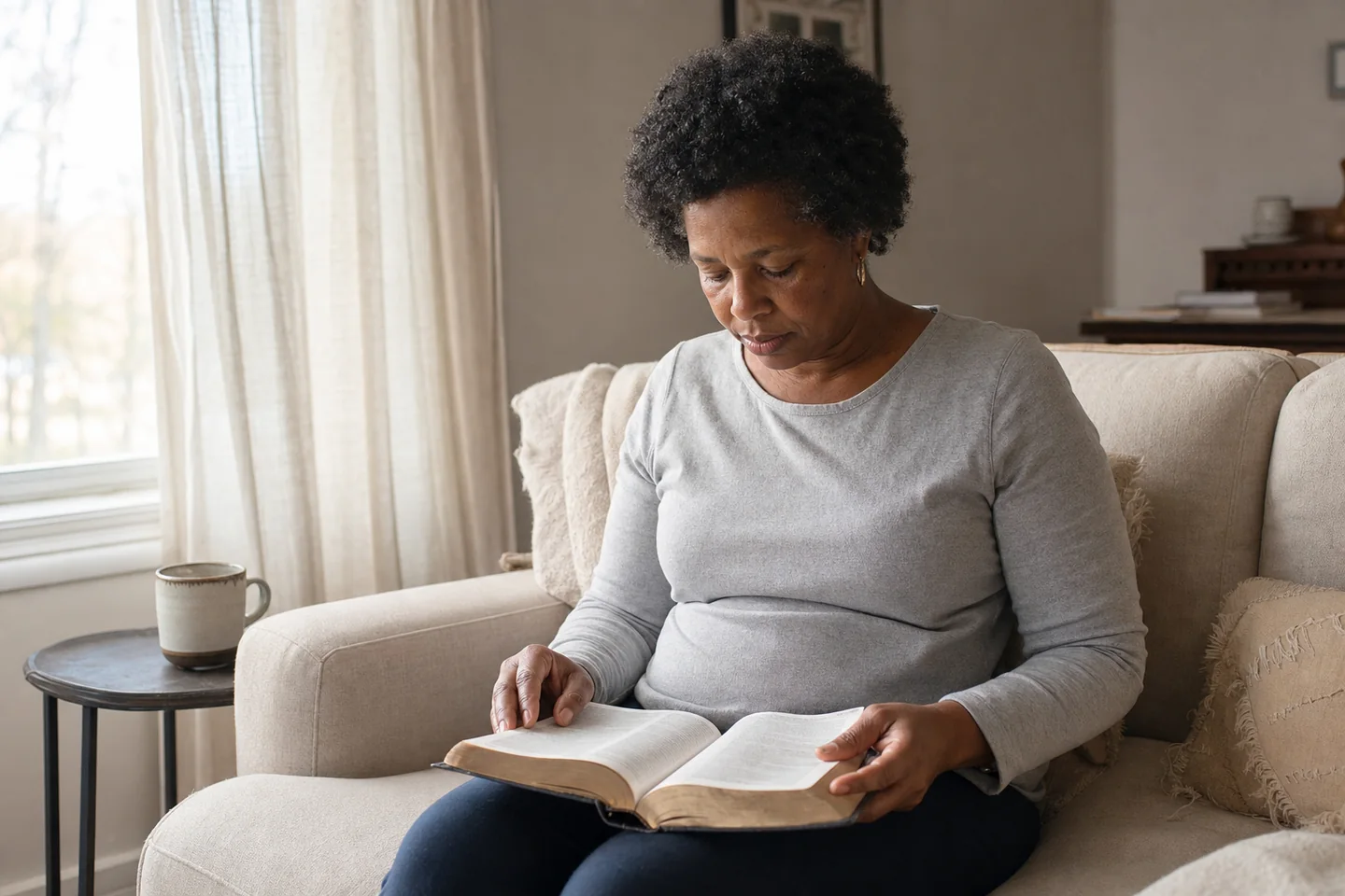 A woman reading an open Bible on a linen sofa beside a bright morning window