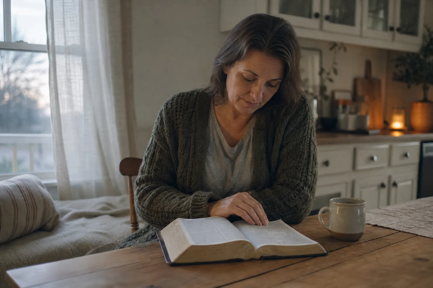 A woman reading an open Bible at her kitchen table in the quiet of early morning